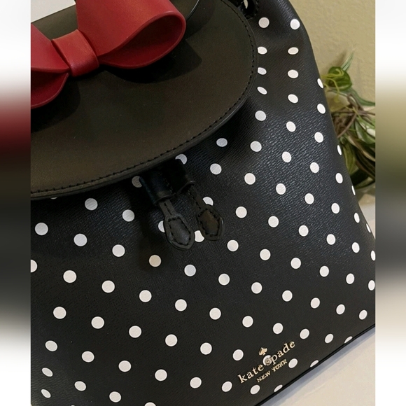 KATE SPADE DISNEY MINNIE MOUSE BACKPACK BLACK WHITE POLKA DOT LEATHER RED BOW - Picture 9 of 9